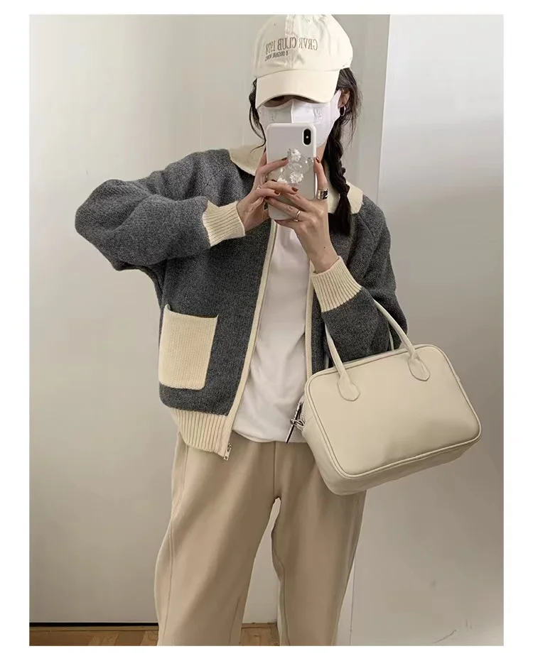 Fashion versatile lapel zipper short cashmere cardigan women's fall/winter patchwork sweater sweater loose wool coat