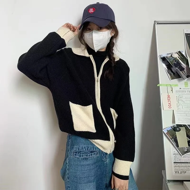 Fashion versatile lapel zipper short cashmere cardigan women's fall/winter patchwork sweater sweater loose wool coat