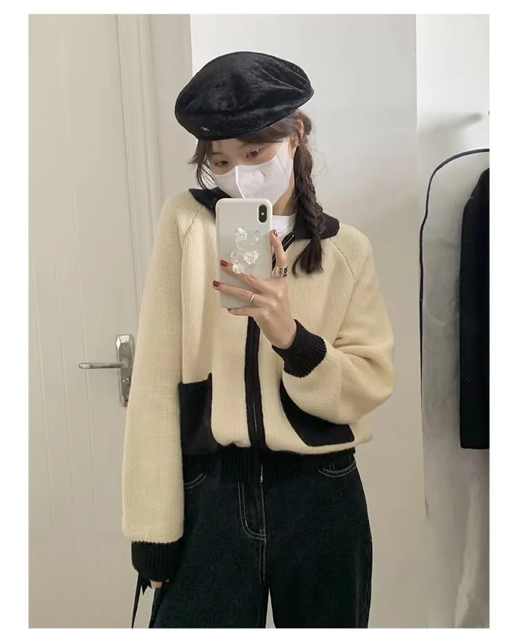 Fashion versatile lapel zipper short cashmere cardigan women's fall/winter patchwork sweater sweater loose wool coat