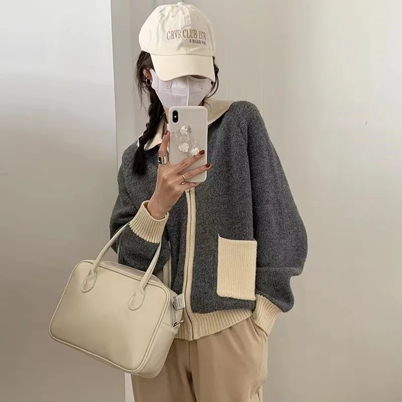 Fashion versatile lapel zipper short cashmere cardigan women's fall/winter patchwork sweater sweater loose wool coat