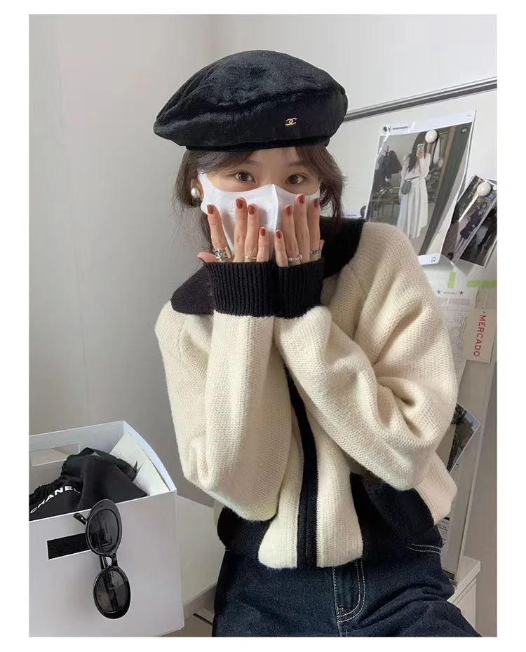 Fashion versatile lapel zipper short cashmere cardigan women's fall/winter patchwork sweater sweater loose wool coat