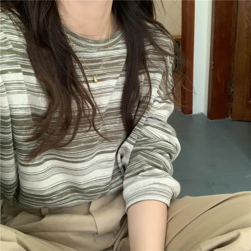 Stripe Pink Cotton Long Sleeve T-shirt Girl's Oversize Shirt Spring and Autumn 2022 New Design Loose Top