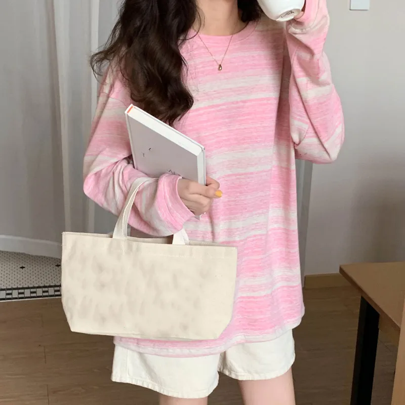 Stripe Pink Cotton Long Sleeve T-shirt Girl's Oversize Shirt Spring and Autumn 2022 New Design Loose Top