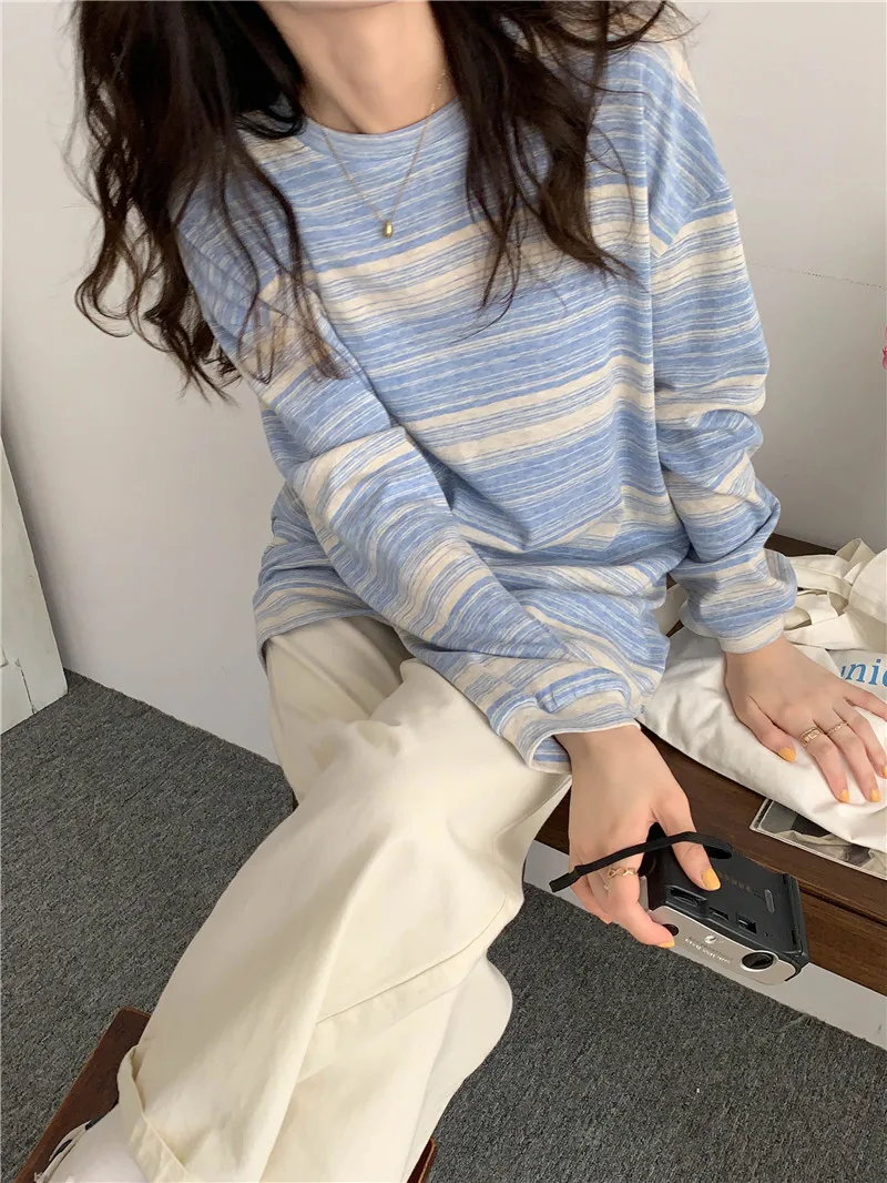 Stripe Pink Cotton Long Sleeve T-shirt Girl's Oversize Shirt Spring and Autumn 2022 New Design Loose Top