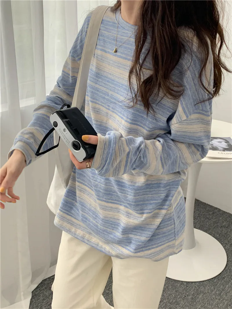 Stripe Pink Cotton Long Sleeve T-shirt Girl's Oversize Shirt Spring and Autumn 2022 New Design Loose Top
