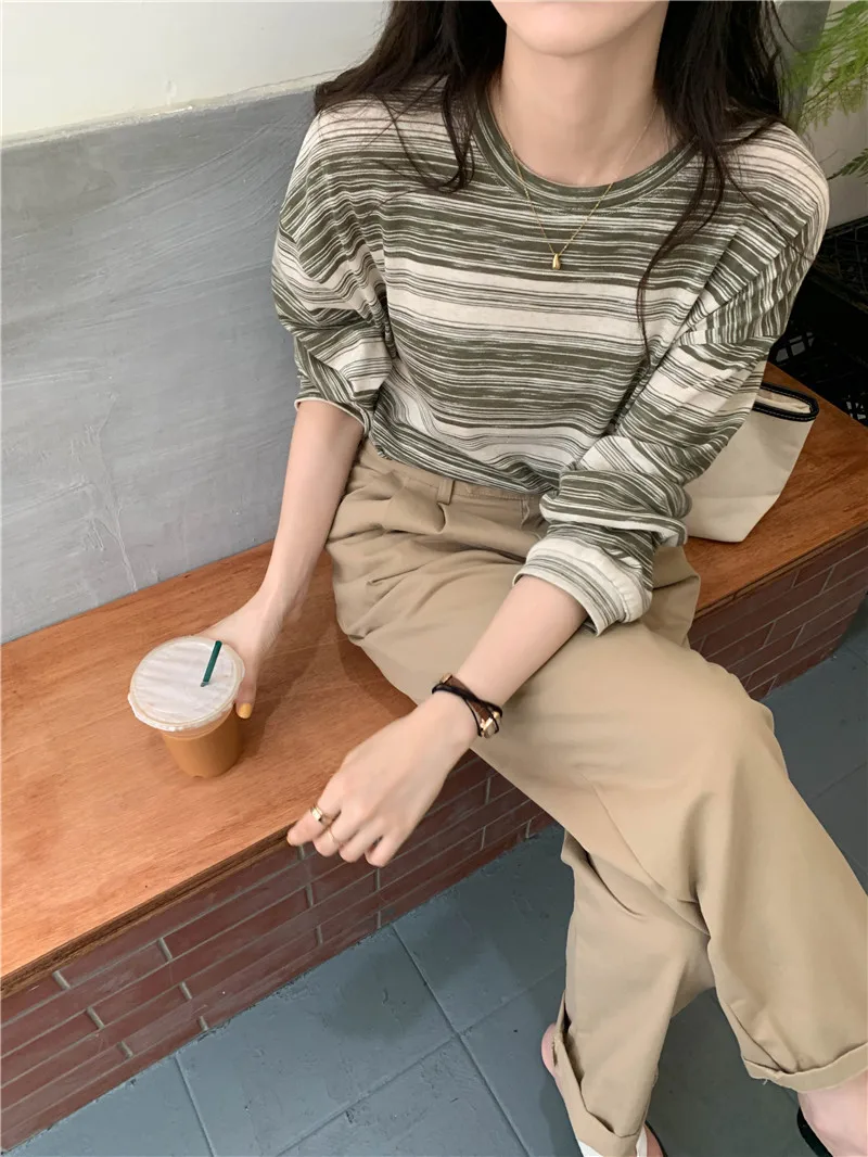 Stripe Pink Cotton Long Sleeve T-shirt Girl's Oversize Shirt Spring and Autumn 2022 New Design Loose Top