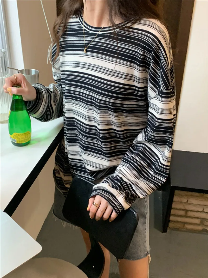 Stripe Pink Cotton Long Sleeve T-shirt Girl's Oversize Shirt Spring and Autumn 2022 New Design Loose Top