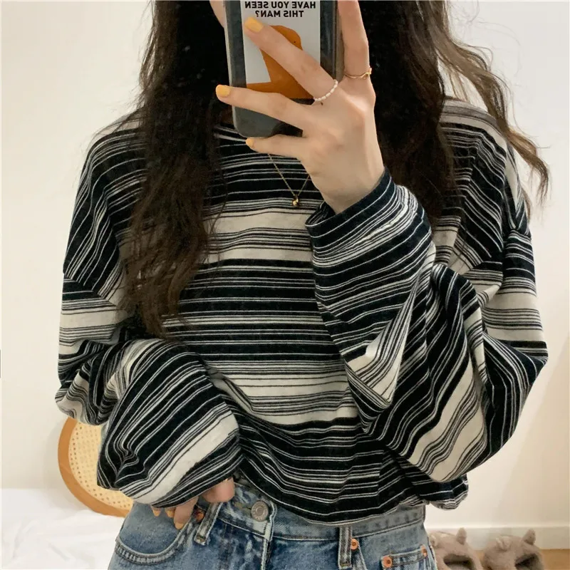 Stripe Pink Cotton Long Sleeve T-shirt Girl's Oversize Shirt Spring and Autumn 2022 New Design Loose Top