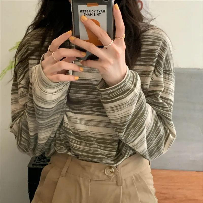 Stripe Pink Cotton Long Sleeve T-shirt Girl's Oversize Shirt Spring and Autumn 2022 New Design Loose Top
