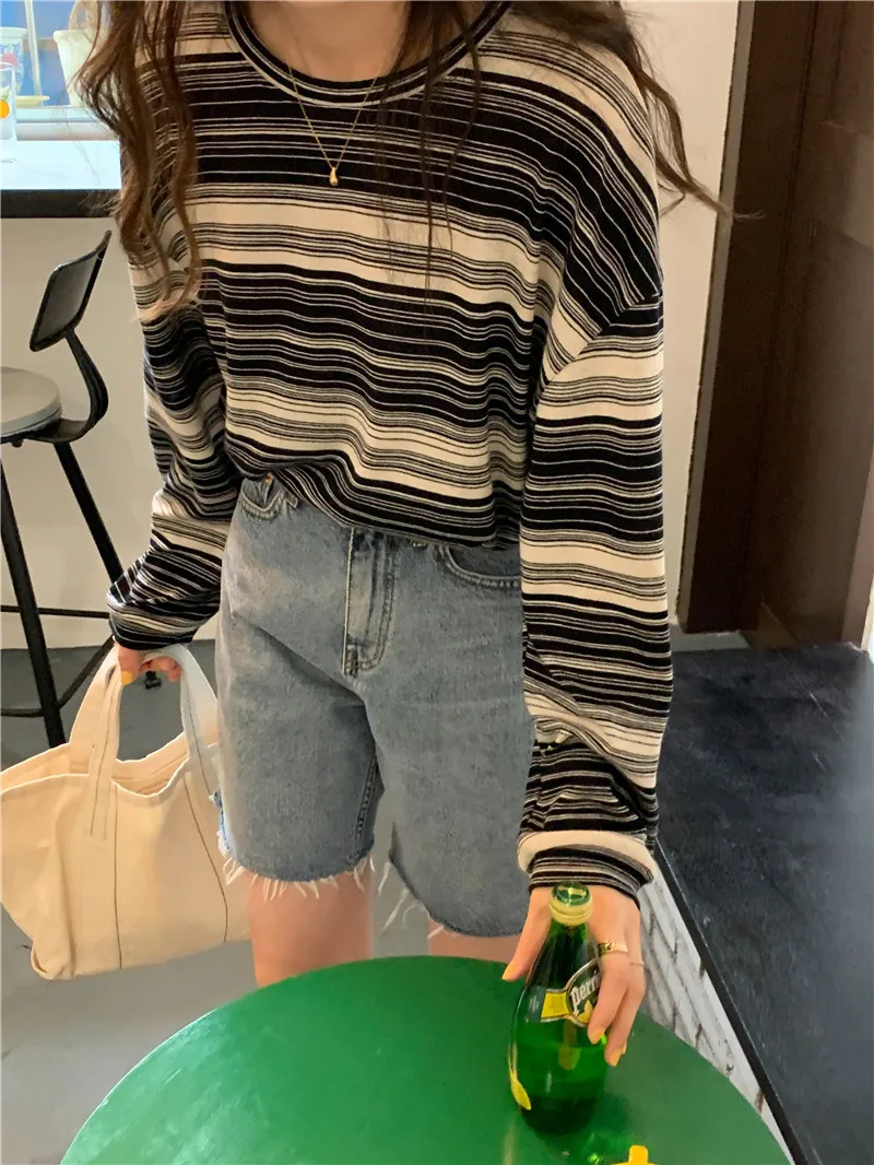 Stripe Pink Cotton Long Sleeve T-shirt Girl's Oversize Shirt Spring and Autumn 2022 New Design Loose Top