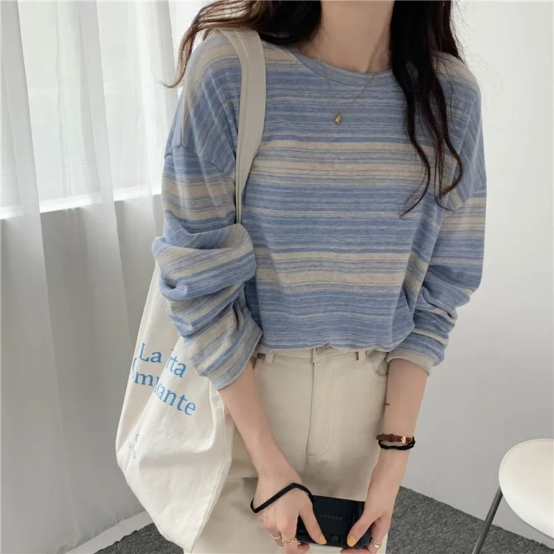 Stripe Pink Cotton Long Sleeve T-shirt Girl's Oversize Shirt Spring and Autumn 2022 New Design Loose Top
