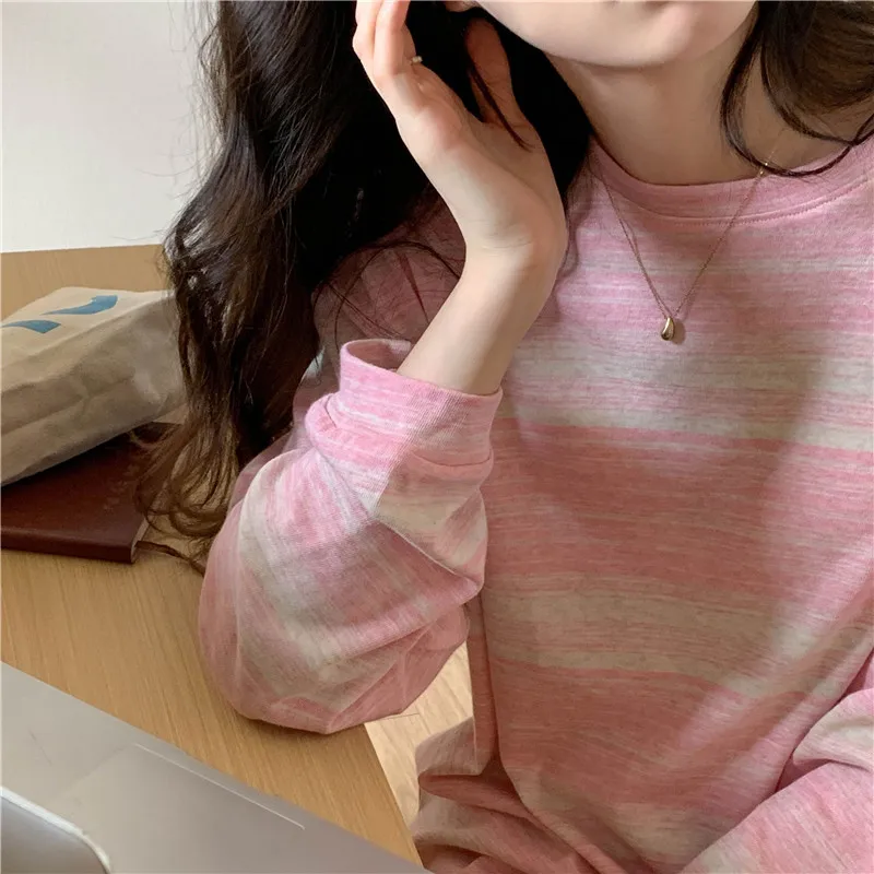 Stripe Pink Cotton Long Sleeve T-shirt Girl's Oversize Shirt Spring and Autumn 2022 New Design Loose Top