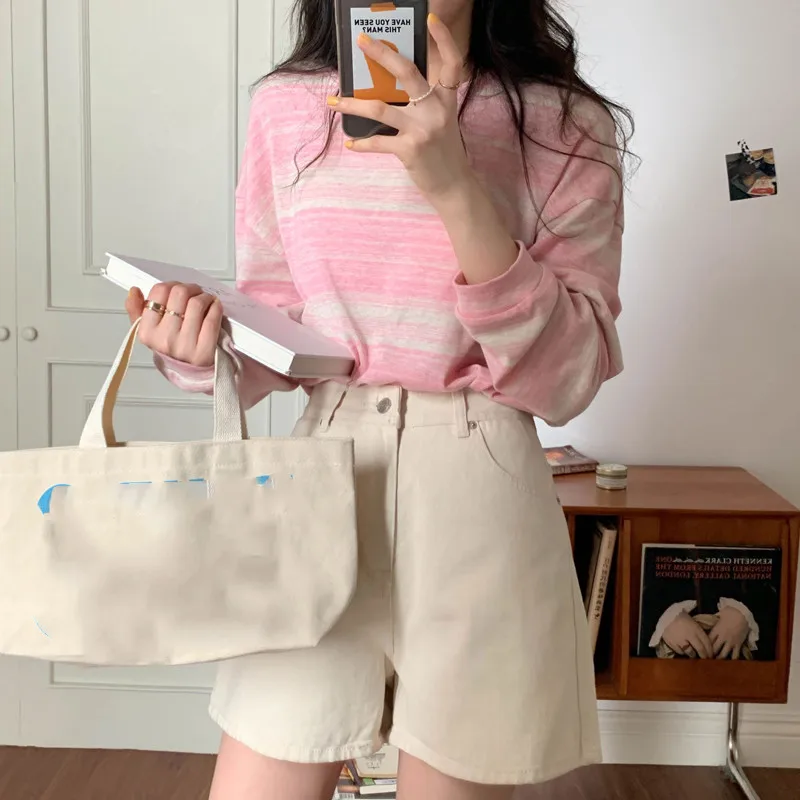 Stripe Pink Cotton Long Sleeve T-shirt Girl's Oversize Shirt Spring and Autumn 2022 New Design Loose Top