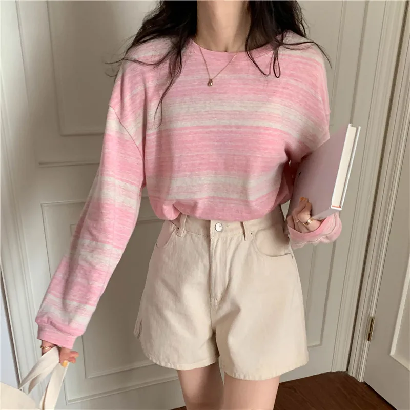 Stripe Pink Cotton Long Sleeve T-shirt Girl's Oversize Shirt Spring and Autumn 2022 New Design Loose Top