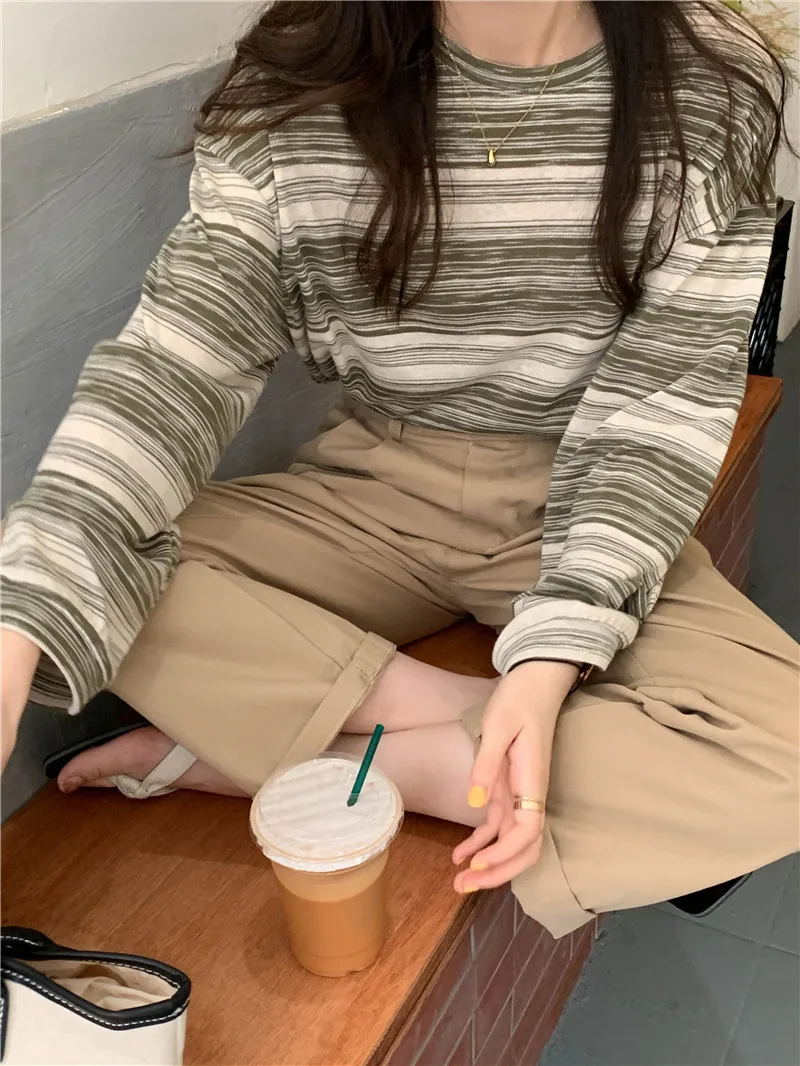 Stripe Pink Cotton Long Sleeve T-shirt Girl's Oversize Shirt Spring and Autumn 2022 New Design Loose Top