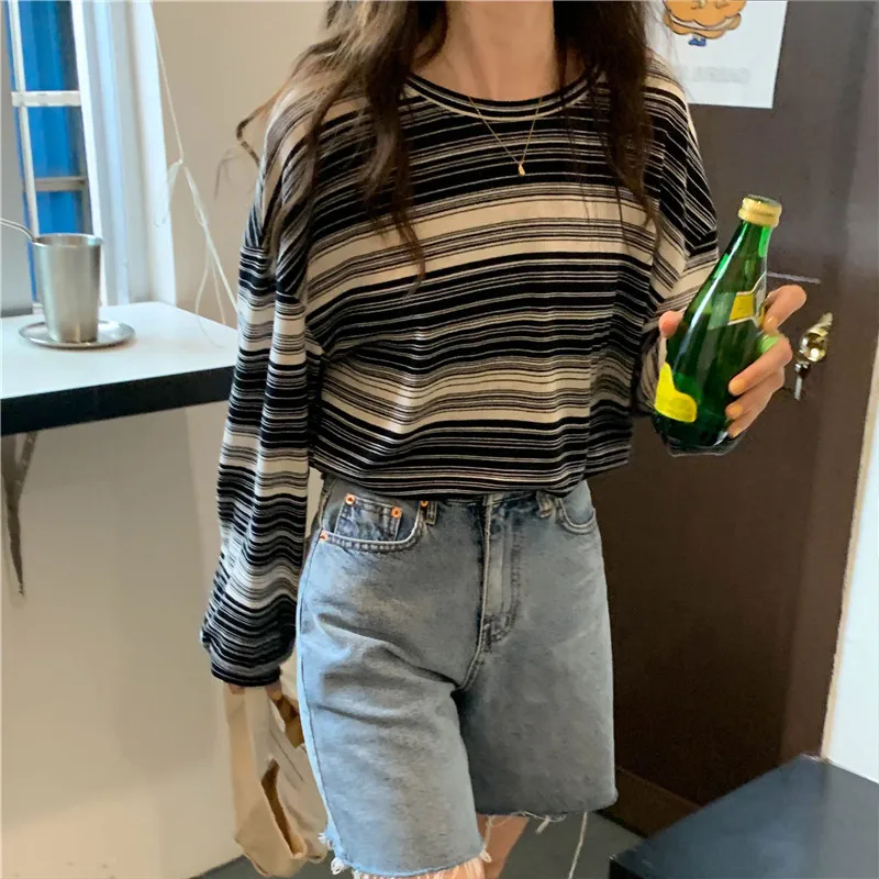 Stripe Pink Cotton Long Sleeve T-shirt Girl's Oversize Shirt Spring and Autumn 2022 New Design Loose Top