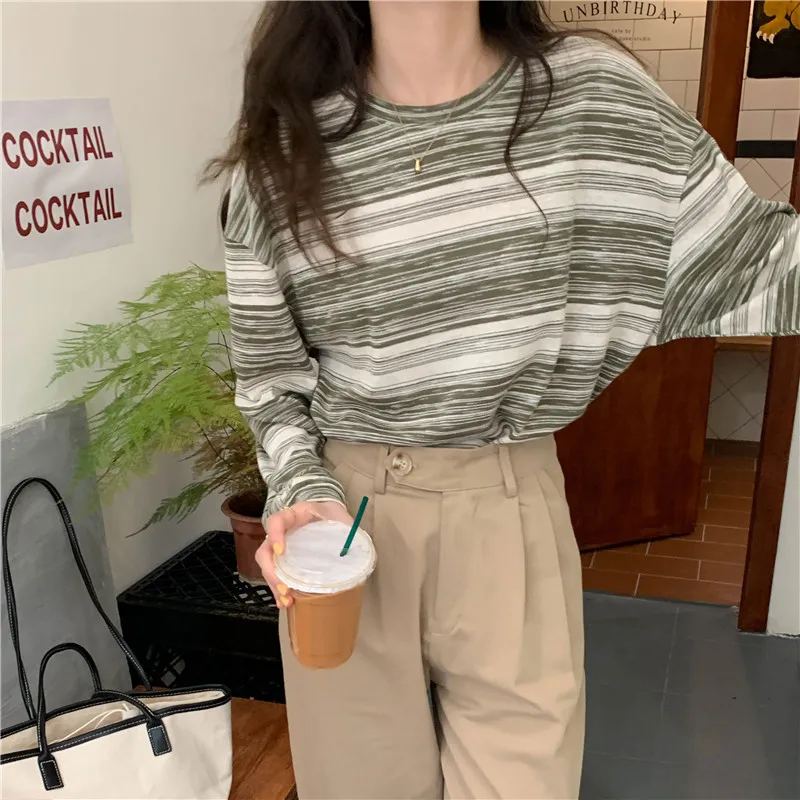 Stripe Pink Cotton Long Sleeve T-shirt Girl's Oversize Shirt Spring and Autumn 2022 New Design Loose Top