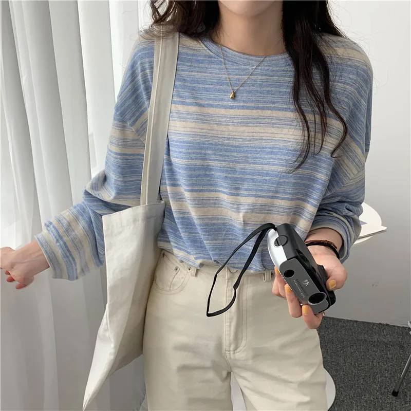 Stripe Pink Cotton Long Sleeve T-shirt Girl's Oversize Shirt Spring and Autumn 2022 New Design Loose Top