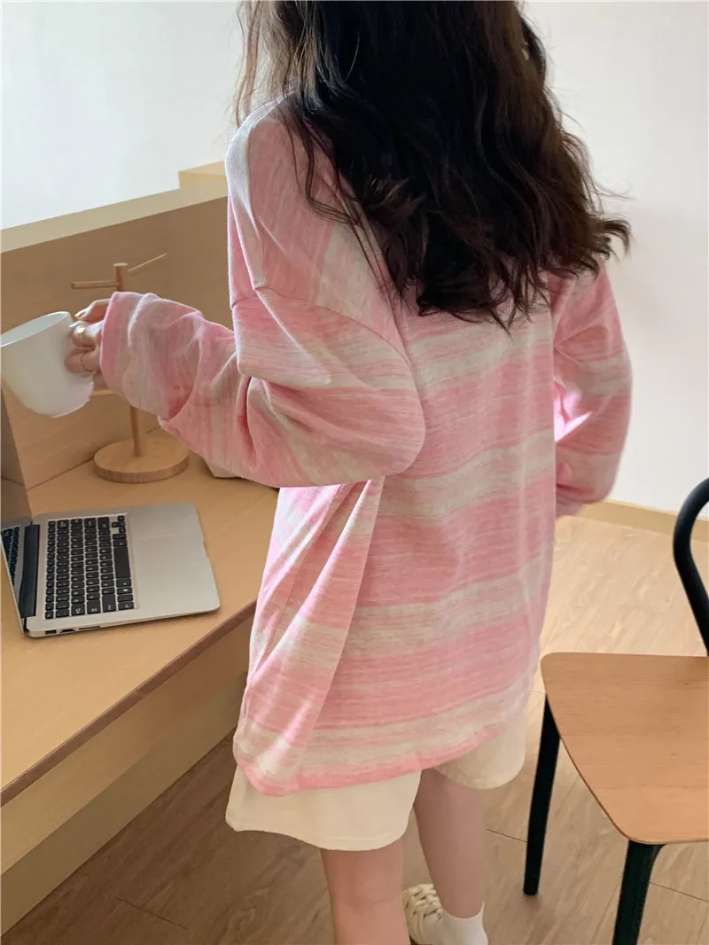 Stripe Pink Cotton Long Sleeve T-shirt Girl's Oversize Shirt Spring and Autumn 2022 New Design Loose Top