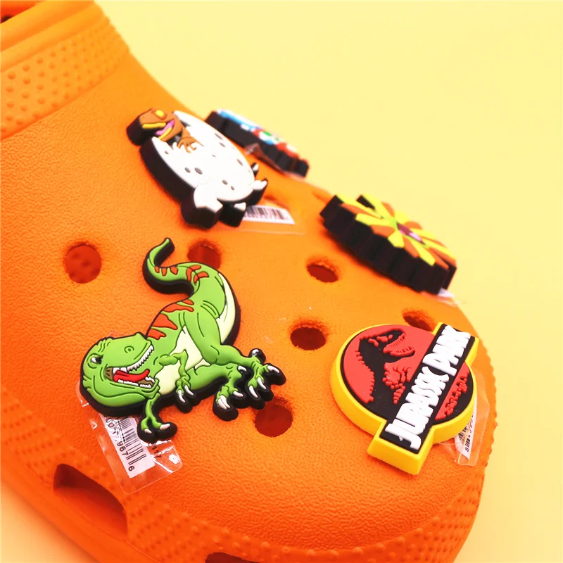 Original 1pcs Dilophosaurus PVC Shoe Charms Accessories Decorations Jurassic Dinosaurs Bus Designer Shoe Clips Buckle Kids Gifts