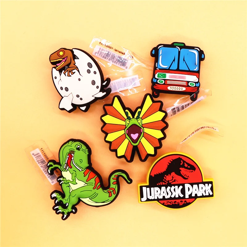 Original 1pcs Dilophosaurus PVC Shoe Charms Accessories Decorations Jurassic Dinosaurs Bus Designer Shoe Clips Buckle Kids Gifts