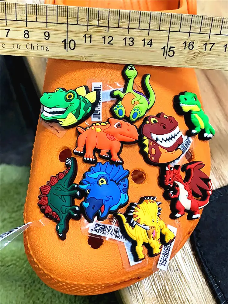 Original 1pcs Dilophosaurus PVC Shoe Charms Accessories Decorations Jurassic Dinosaurs Bus Designer Shoe Clips Buckle Kids Gifts