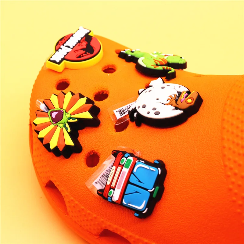 Original 1pcs Dilophosaurus PVC Shoe Charms Accessories Decorations Jurassic Dinosaurs Bus Designer Shoe Clips Buckle Kids Gifts