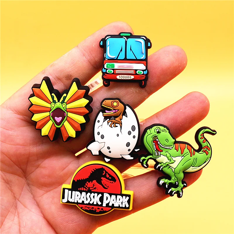 Original 1pcs Dilophosaurus PVC Shoe Charms Accessories Decorations Jurassic Dinosaurs Bus Designer Shoe Clips Buckle Kids Gifts