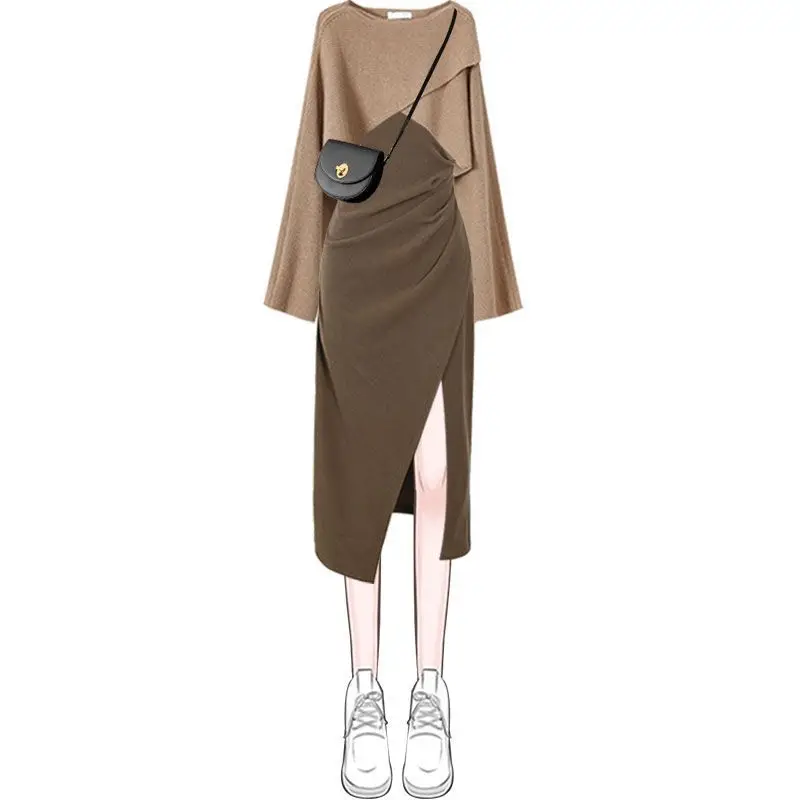 New Autumn Women's Knitted 2 Piece Set Chic Office Ladies Retro Loose Sweater+ Dress Suit