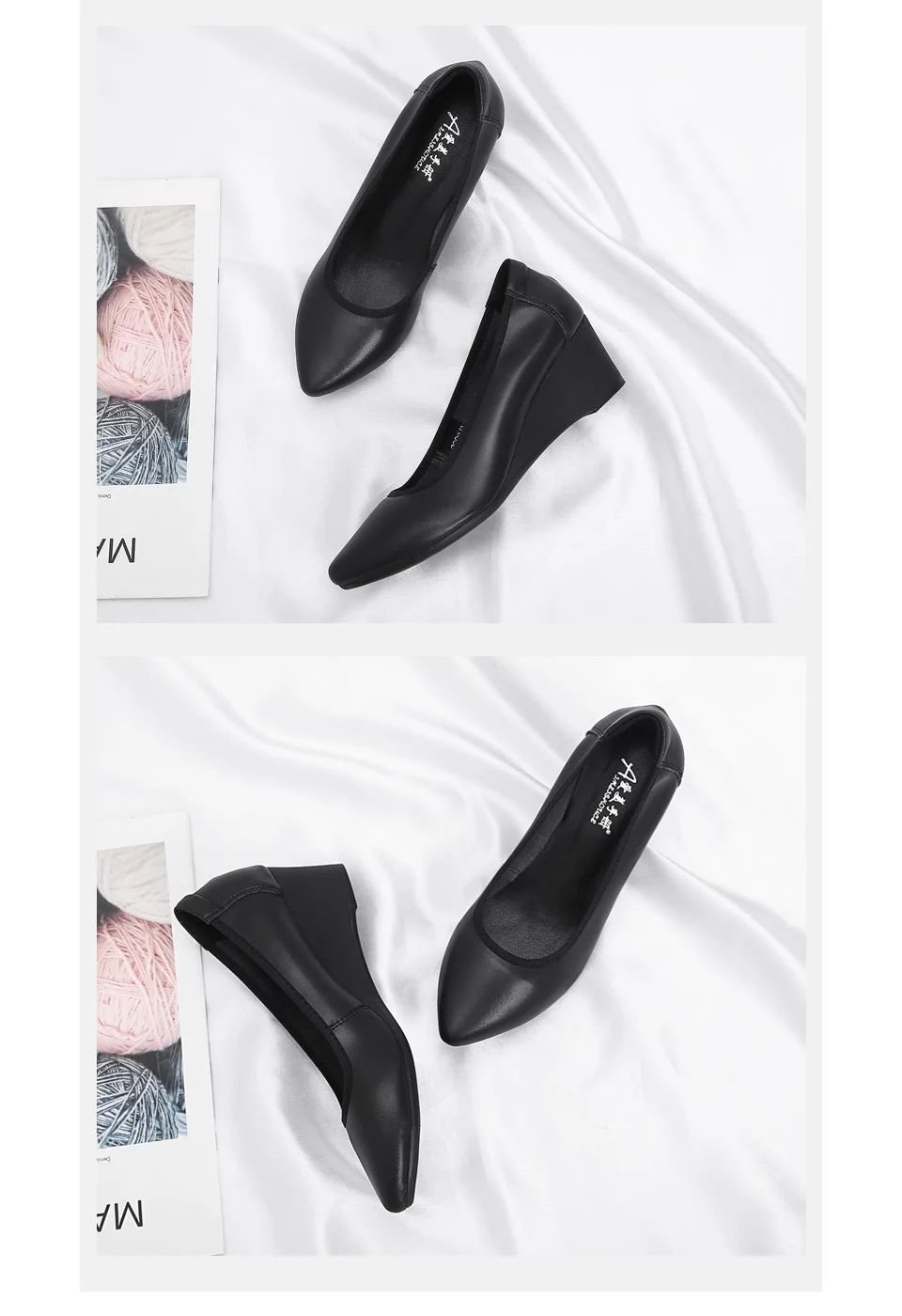 Women's High Heels 2024 Pointed Wedges Women's Shoes Black Leather Shoes OL Mary Jane Shoes Small Size Shoes Work Shoes Ladybugs