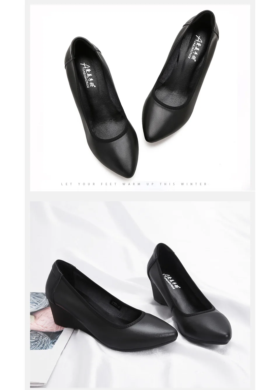 Women's High Heels 2024 Pointed Wedges Women's Shoes Black Leather Shoes OL Mary Jane Shoes Small Size Shoes Work Shoes Ladybugs
