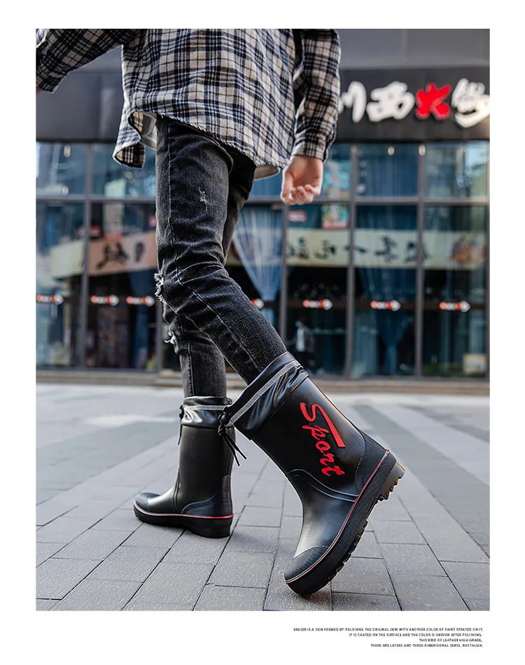 Rope Tied Rain Shoes for Men Rubber Soles Kitchen Shoes Job Security Boots Outdoor Climbing Fishing Shoes Cotton Platform Boots