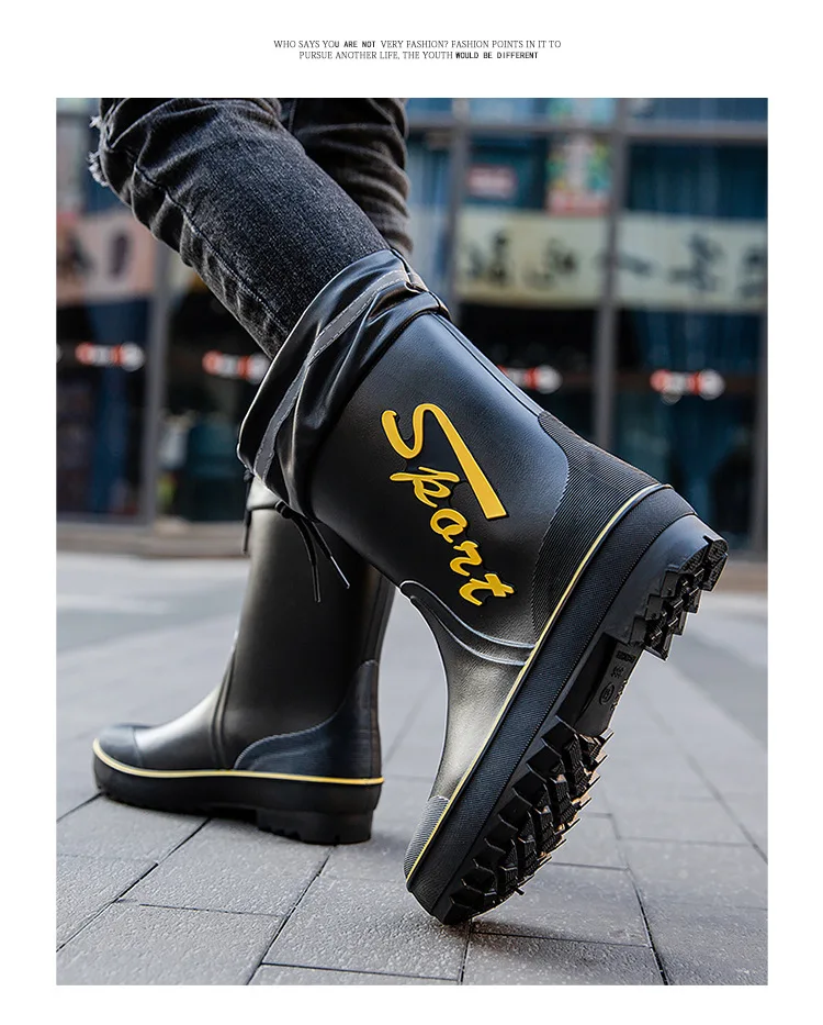 Rope Tied Rain Shoes for Men Rubber Soles Kitchen Shoes Job Security Boots Outdoor Climbing Fishing Shoes Cotton Platform Boots
