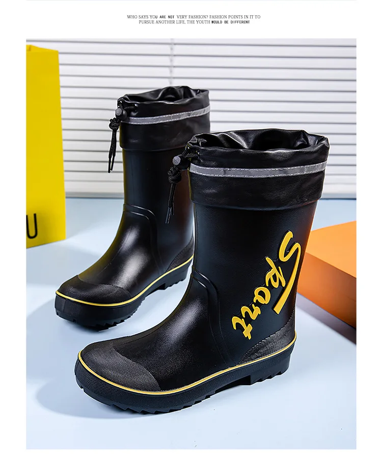 Rope Tied Rain Shoes for Men Rubber Soles Kitchen Shoes Job Security Boots Outdoor Climbing Fishing Shoes Cotton Platform Boots
