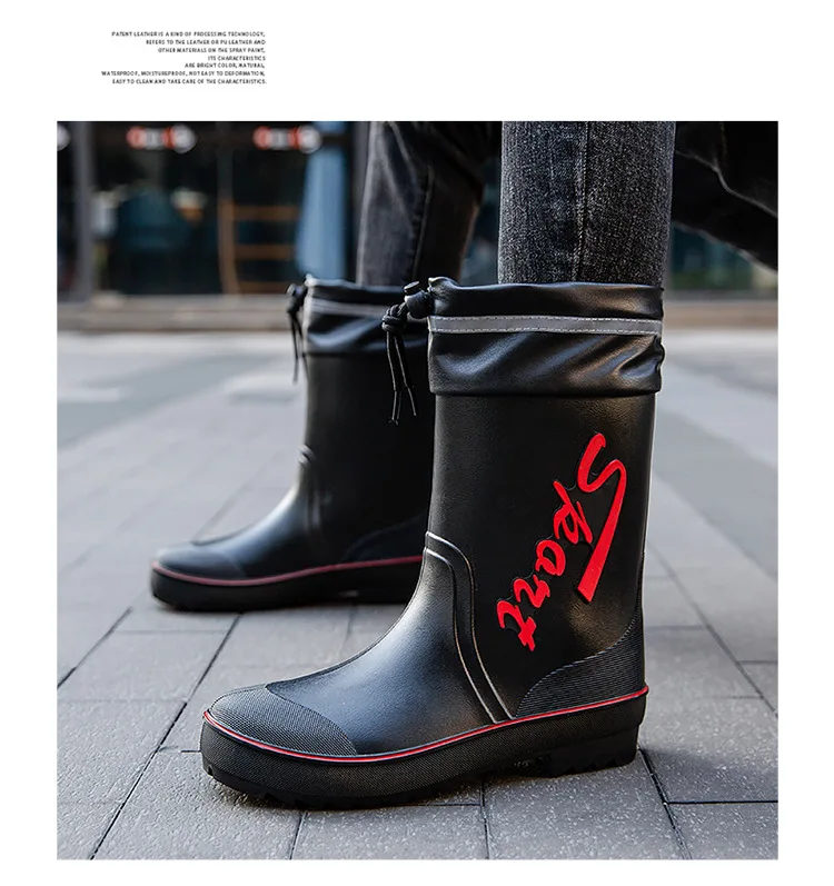 Rope Tied Rain Shoes for Men Rubber Soles Kitchen Shoes Job Security Boots Outdoor Climbing Fishing Shoes Cotton Platform Boots