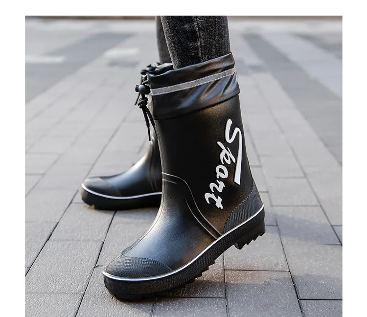 Rope Tied Rain Shoes for Men Rubber Soles Kitchen Shoes Job Security Boots Outdoor Climbing Fishing Shoes Cotton Platform Boots