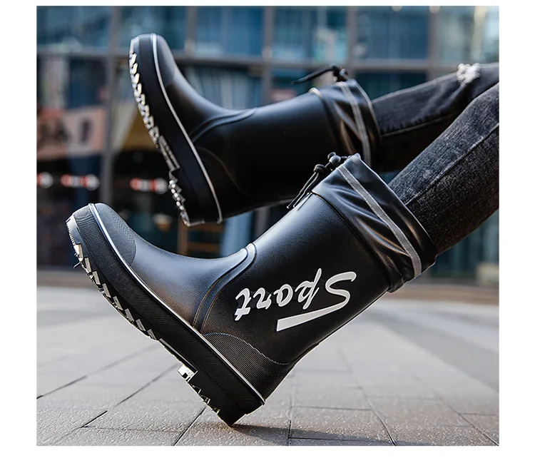 Rope Tied Rain Shoes for Men Rubber Soles Kitchen Shoes Job Security Boots Outdoor Climbing Fishing Shoes Cotton Platform Boots