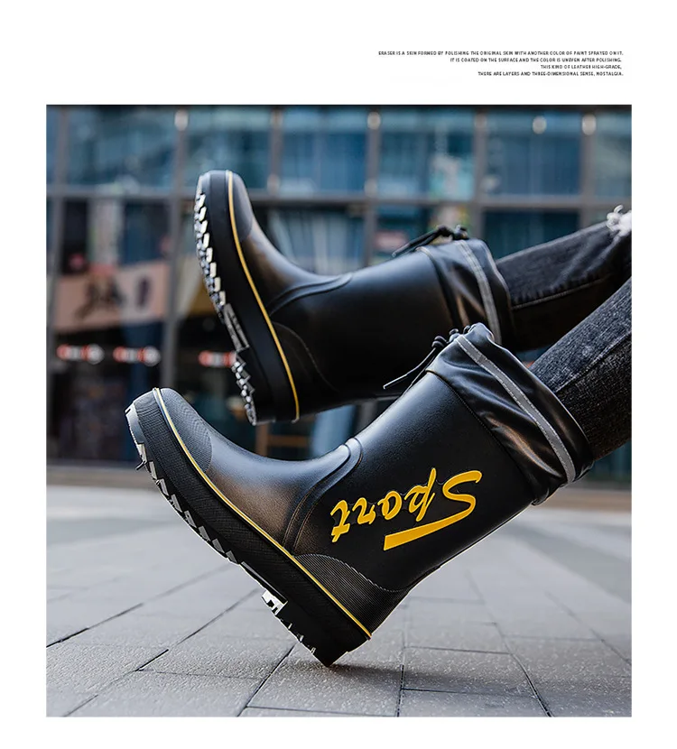 Rope Tied Rain Shoes for Men Rubber Soles Kitchen Shoes Job Security Boots Outdoor Climbing Fishing Shoes Cotton Platform Boots