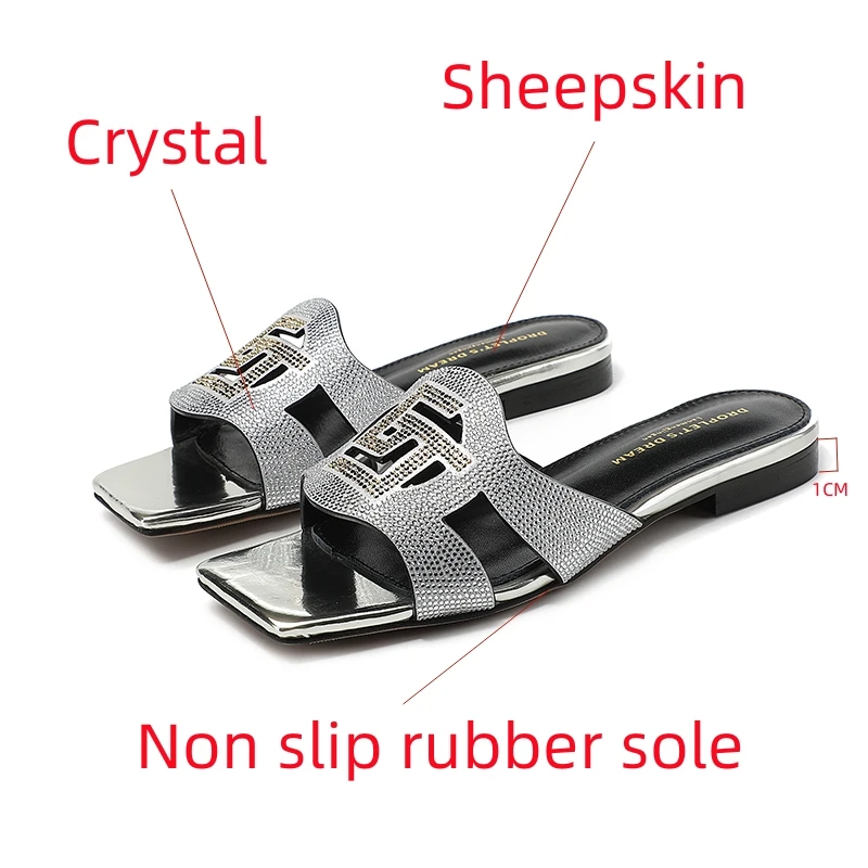 2023 Summer New Fashion Women's Slippers Luxury Crystal Party Shoes Square Toe Open Toe Comfortable Low Heel Women's Shoes 35-44