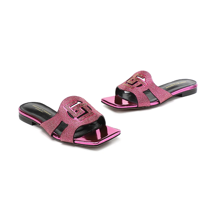2023 Summer New Fashion Women's Slippers Luxury Crystal Party Shoes Square Toe Open Toe Comfortable Low Heel Women's Shoes 35-44