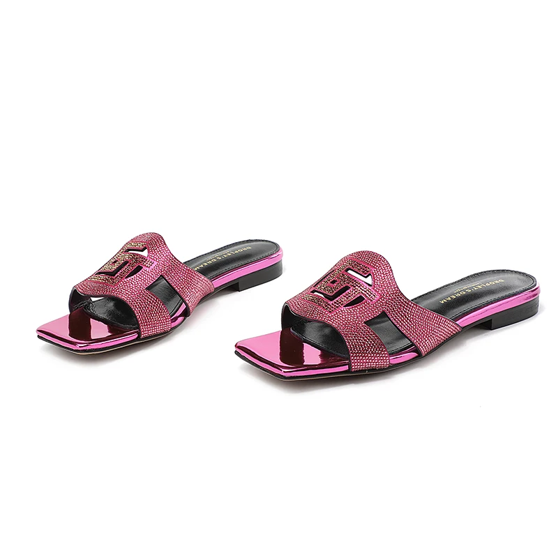 2023 Summer New Fashion Women's Slippers Luxury Crystal Party Shoes Square Toe Open Toe Comfortable Low Heel Women's Shoes 35-44