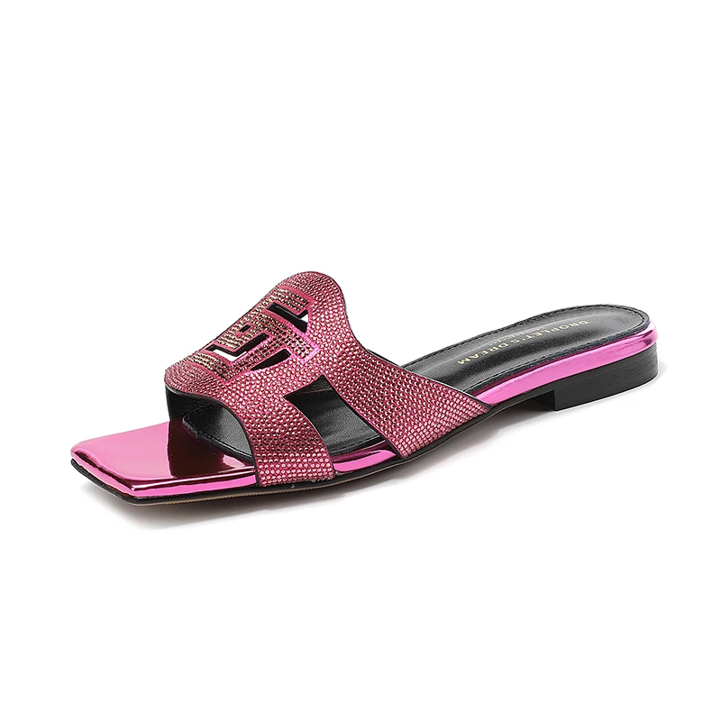 2023 Summer New Fashion Women's Slippers Luxury Crystal Party Shoes Square Toe Open Toe Comfortable Low Heel Women's Shoes 35-44