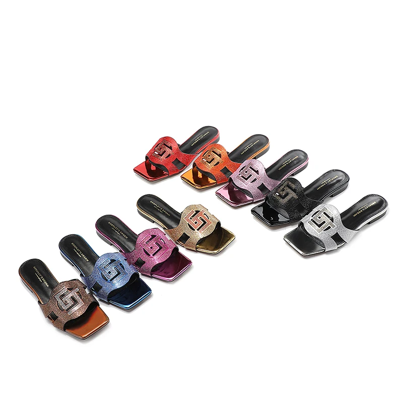 2023 Summer New Fashion Women's Slippers Luxury Crystal Party Shoes Square Toe Open Toe Comfortable Low Heel Women's Shoes 35-44