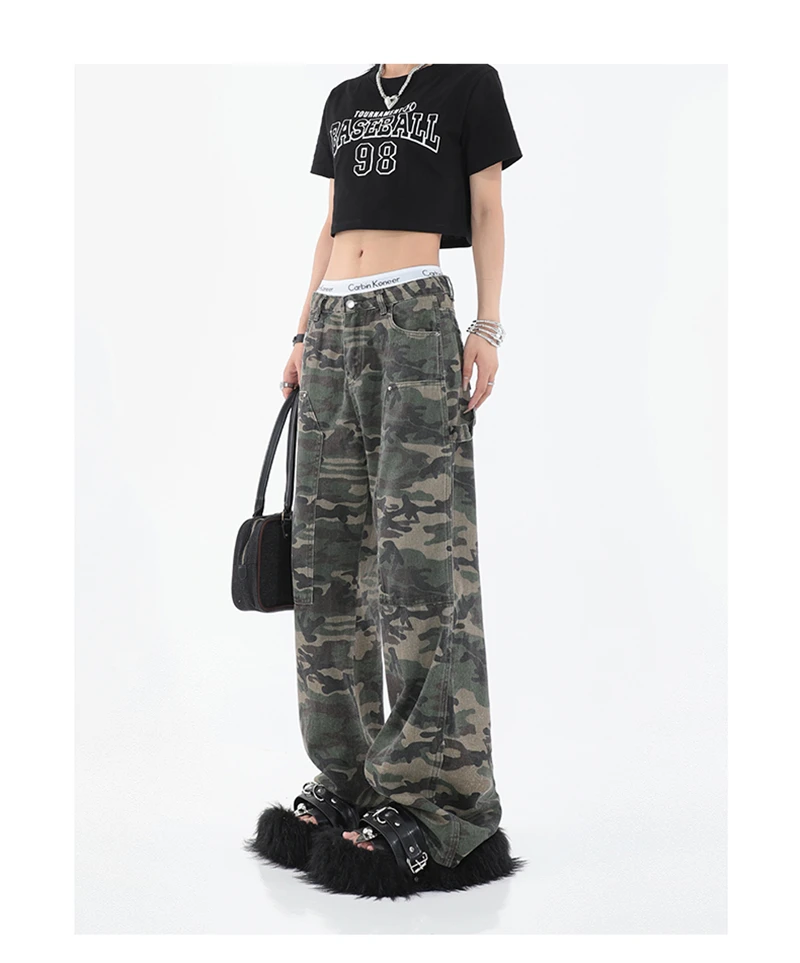 Y2k Streetwear Camouflage Jeans Woman High Waist Cargo Pants Straight Jeans Fashion Straight Baggy Pants Casual Denim Trousers