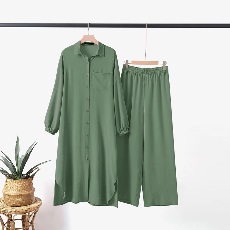 ZANZEA Fashion 2pcs Women Muslim Sets Autumn Long Sleeve Shirt Pants Suits Casual Dubai Turkey Abaya Sets Eid Mubarek Outifits