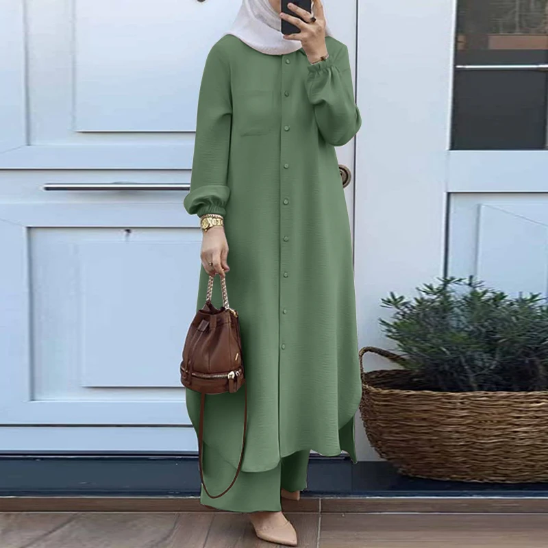 ZANZEA Fashion 2pcs Women Muslim Sets Autumn Long Sleeve Shirt Pants Suits Casual Dubai Turkey Abaya Sets Eid Mubarek Outifits
