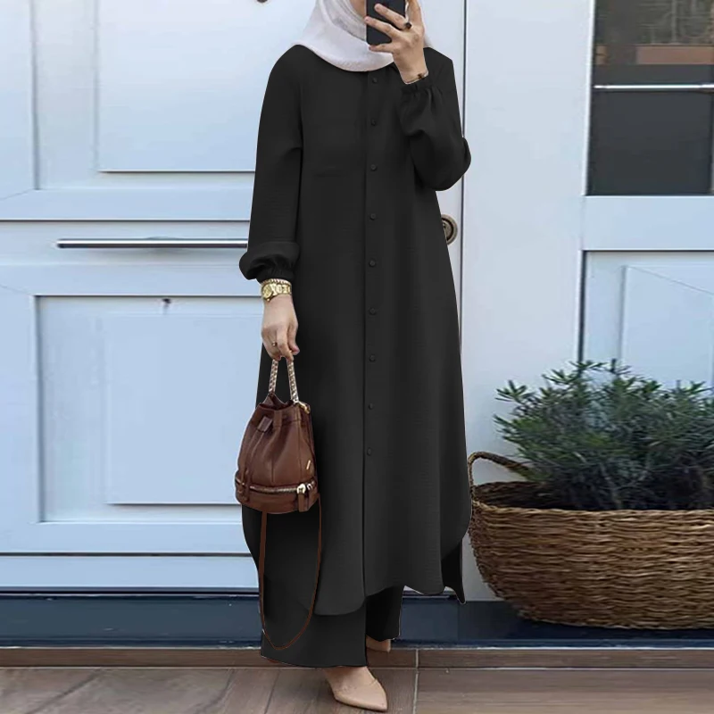 ZANZEA Fashion 2pcs Women Muslim Sets Autumn Long Sleeve Shirt Pants Suits Casual Dubai Turkey Abaya Sets Eid Mubarek Outifits