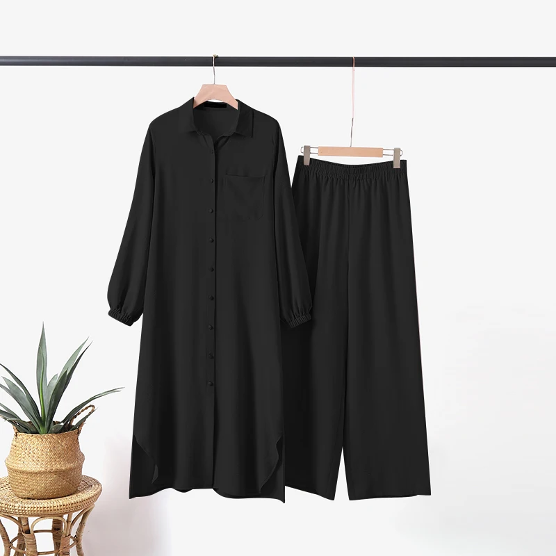 ZANZEA Fashion 2pcs Women Muslim Sets Autumn Long Sleeve Shirt Pants Suits Casual Dubai Turkey Abaya Sets Eid Mubarek Outifits