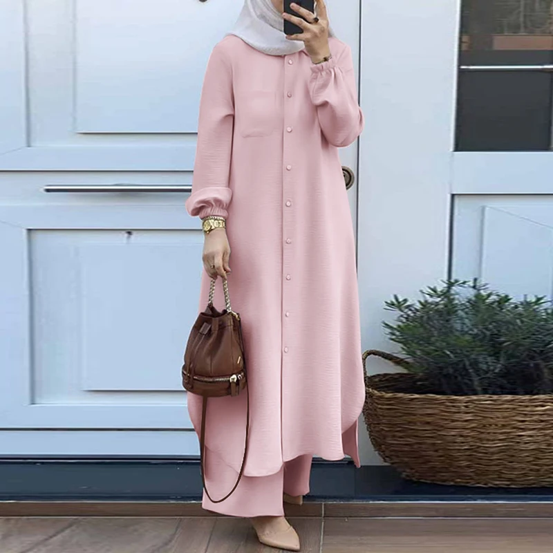 ZANZEA Fashion 2pcs Women Muslim Sets Autumn Long Sleeve Shirt Pants Suits Casual Dubai Turkey Abaya Sets Eid Mubarek Outifits