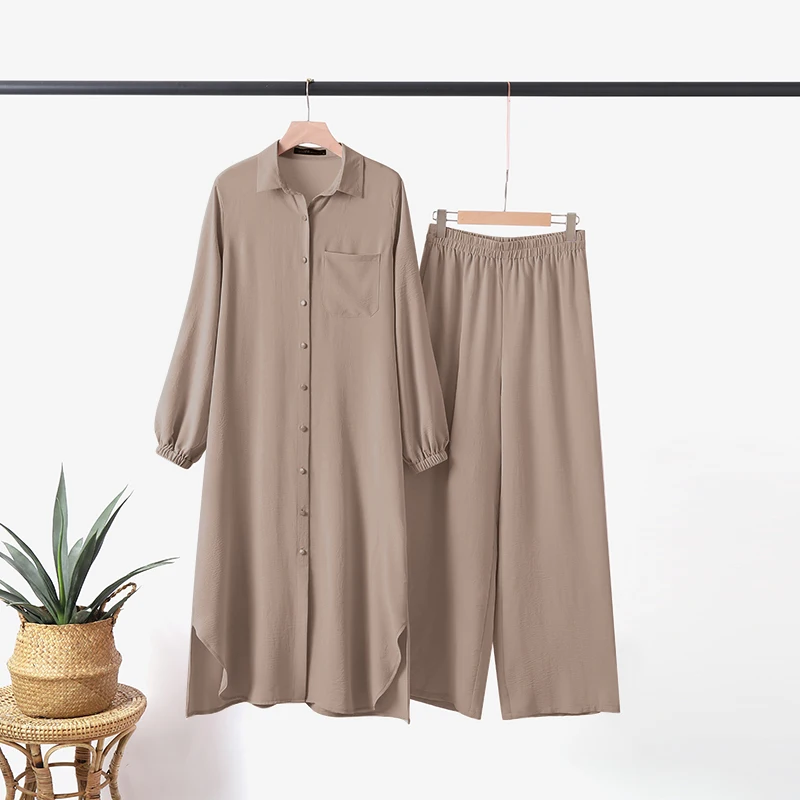 ZANZEA Fashion 2pcs Women Muslim Sets Autumn Long Sleeve Shirt Pants Suits Casual Dubai Turkey Abaya Sets Eid Mubarek Outifits